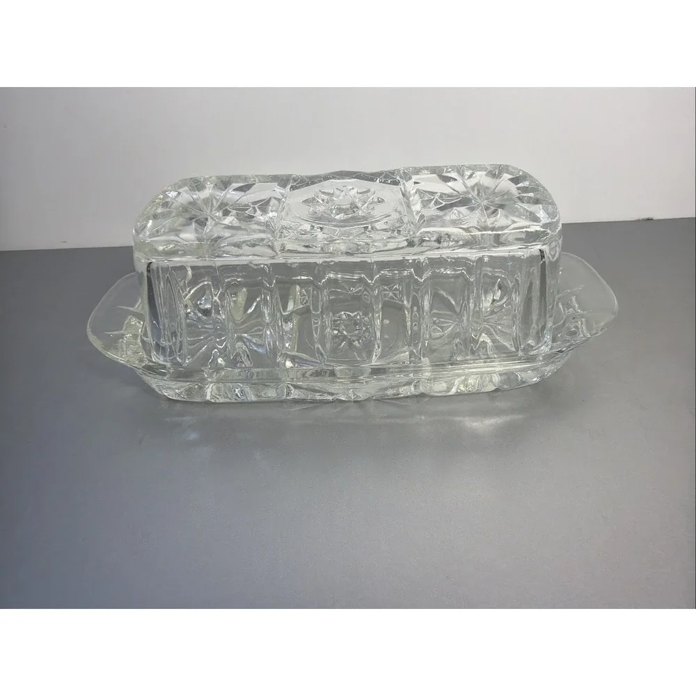 Vintage Anchor Hocking Star Of David American Prescut Glass Covered‎ Butter Dish